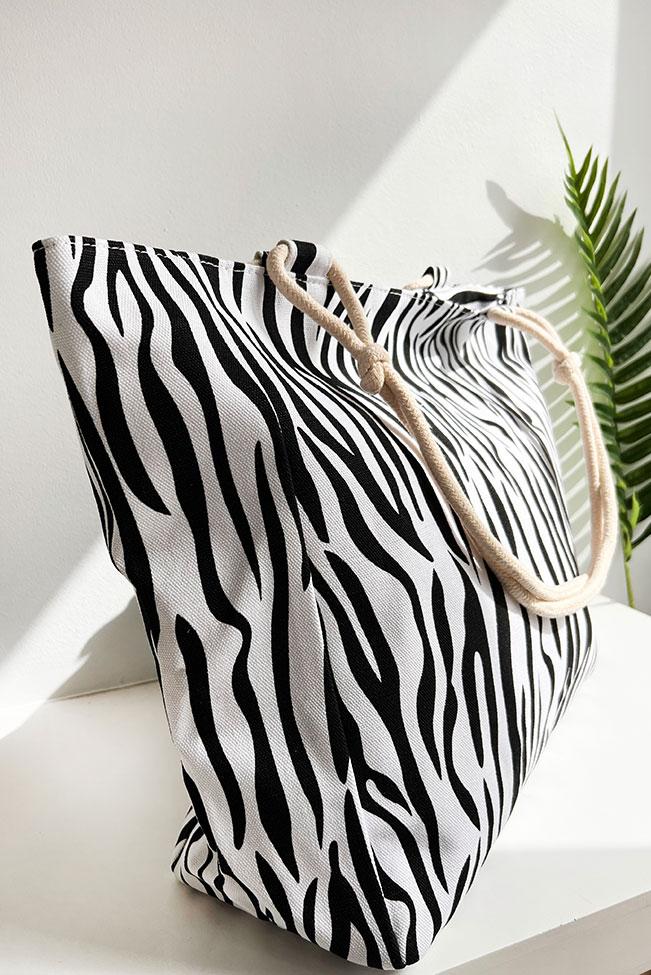 Zebra print μεγάλη τσάντα θαλάσσης πάνινη - 100114644