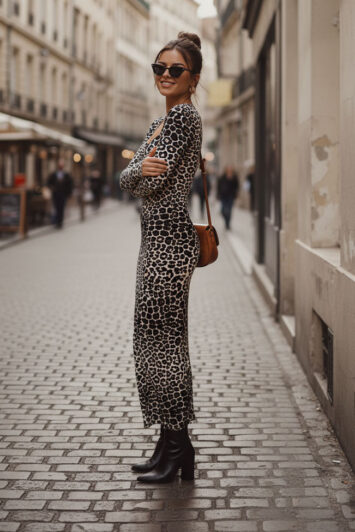 Γυναίκα με μακριά εφαρμοστή λεοπάρ φόρμα με μακρύ μανίκι, συνδυασμένη με μαύρα μποτάκια – πλευρική όψη