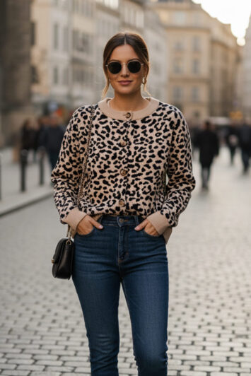 λεοπάρ γυναικεία ζακέτα με κουμπιά – μπροστινή όψη