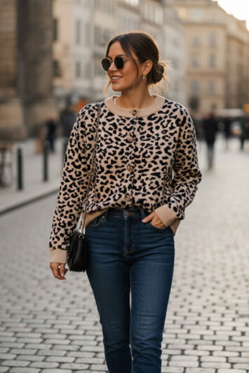 λεοπάρ γυναικεία ζακέτα με κουμπιά – συνδυασμός με τζιν