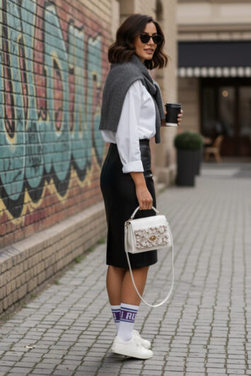 Συνδυασμός μαύρης δερμάτινης φούστας με λευκό πουκάμισο και κομψή τσάντα