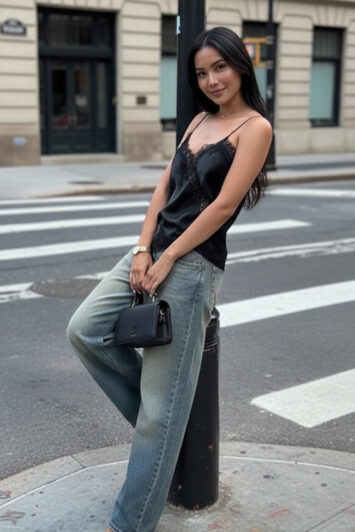 μαύρη ασύμμετρη δαντελένια μπλούζα σατέν με τιράντες - street style συνδυασμός με τζιν