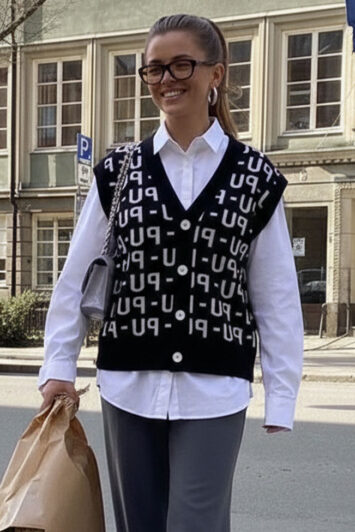 μαύρη αμάνικη ζακέτα με μοτίβο - μπροστινή όψη με γκρι παντελόνι