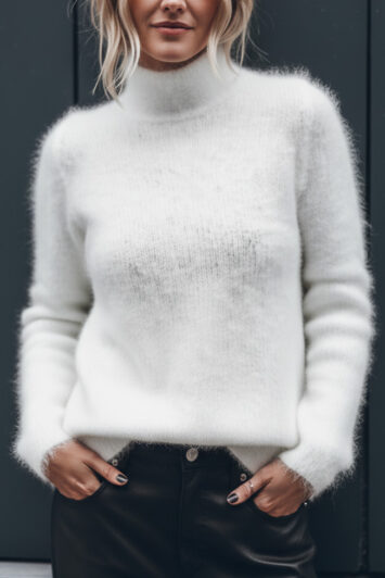 fluffy mohair πουλόβερ λευκό σε γυναικείο look - μπροστινή όψη