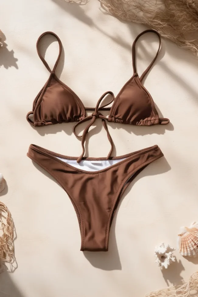 Solid μπικίνι σετ καφέ flat lay μπροστά
