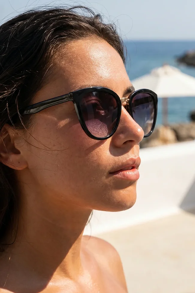 γυαλιά ηλίου cat eye μαύρα πρόσωπο παραλία βράχια