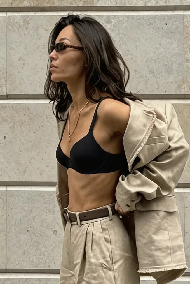 Μαύρο σουτιέν με ραφές κάτω από ανοιχτό μπεζ blazer