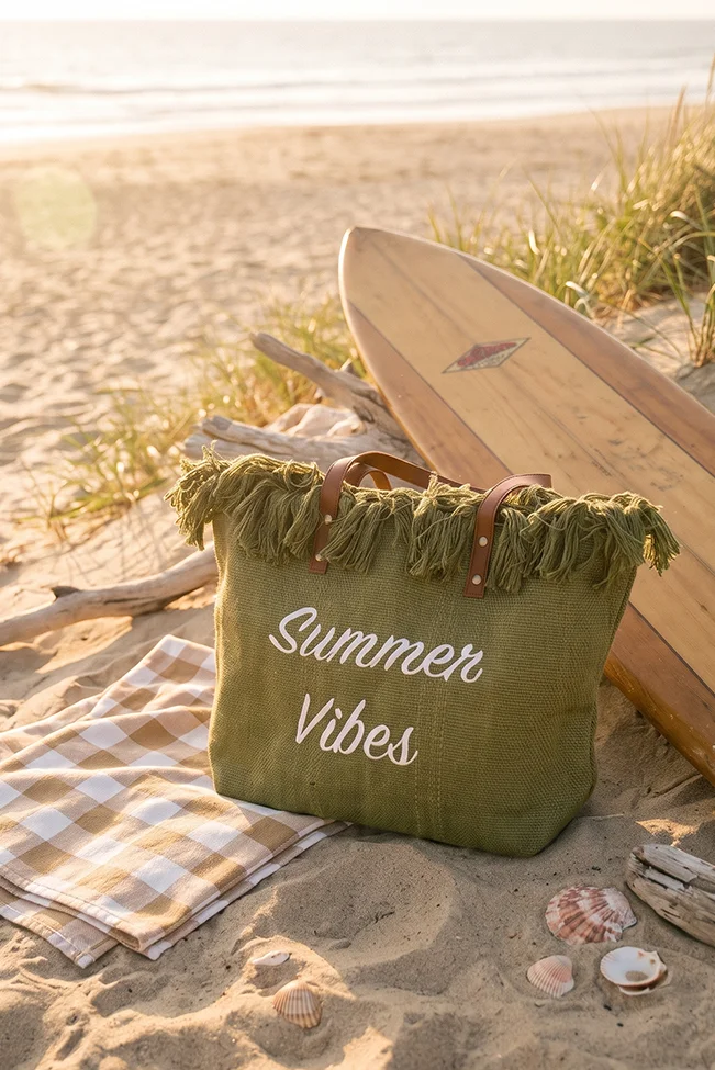 tsanta-paralias-fringe-summer-vibes-khaki-100181062-2-lapop-2 Χακί τσάντα παραλίας boho στην άμμο δίπλα σε σανίδα surf